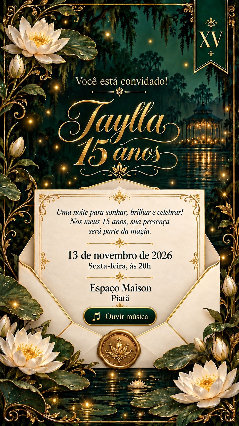 Você está convidado! Taylla, 15 anos. Uma noite para sonhar, brilhar e celebrar! Nos meus 15 anos, sua presença será parte da magia. 13 de novembro de 2026, sexta-feira, às 20h. Espaço Maison, Piatã.